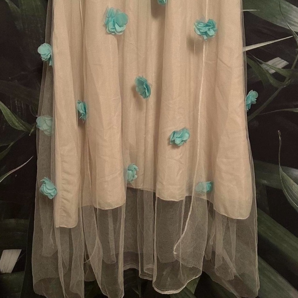 Cream and Blue Midi Sundress with Spaghetti Straps - Picture 3 of 7